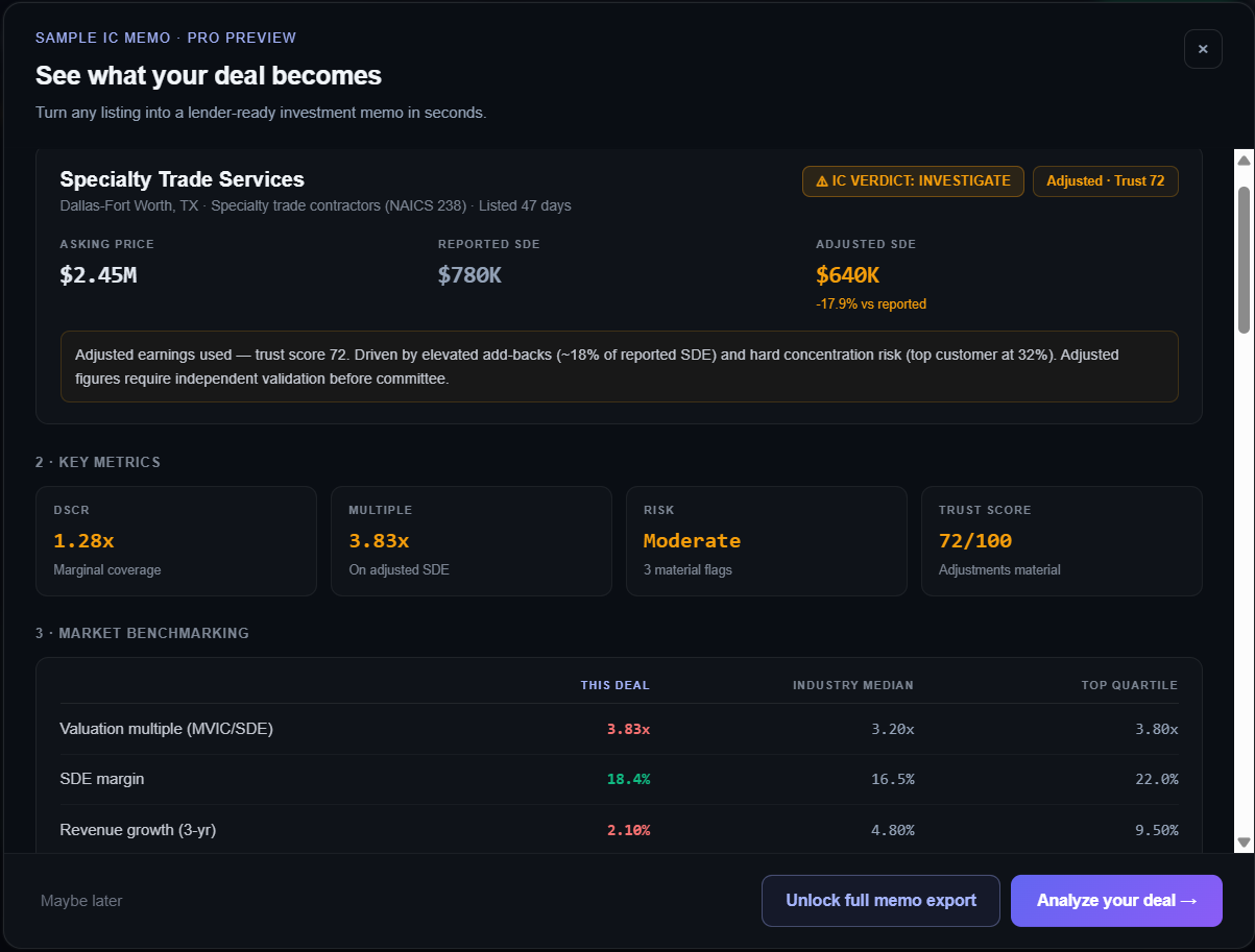 AcquiFlow buyer dashboard showing pressure-tested deal analysis