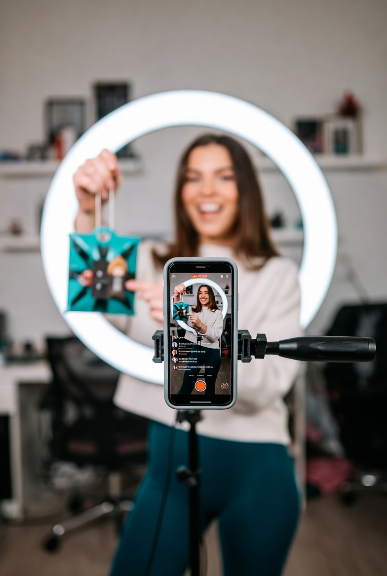 Content creator with ring light filming product showcase